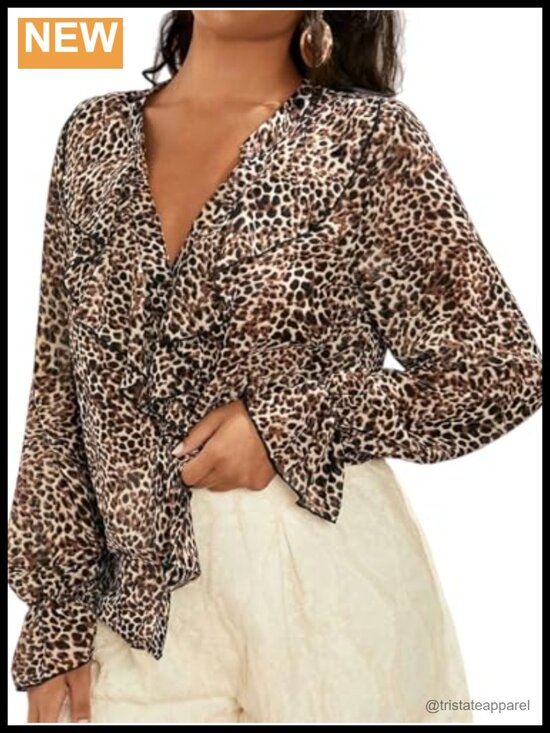 Tops - Leopard Print Ruffle Blouse V-Neck Long Sleeve Polyester Top